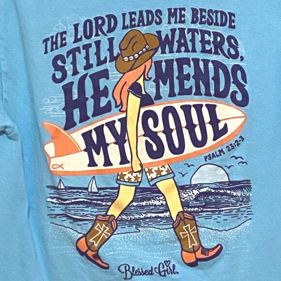 Blessed Girl Psalm 23 T-Shirt M Blue Surfer Western Coastal Cowgirl Rodeo Beachy - Picture 1 of 5